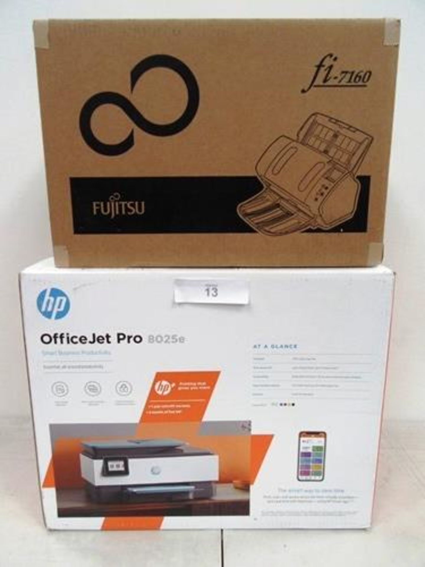 1 x OfficeJet Pro 8025E printer, together with 1 x Fujitsu FI7160 printer, model P3670E - New (ES9)