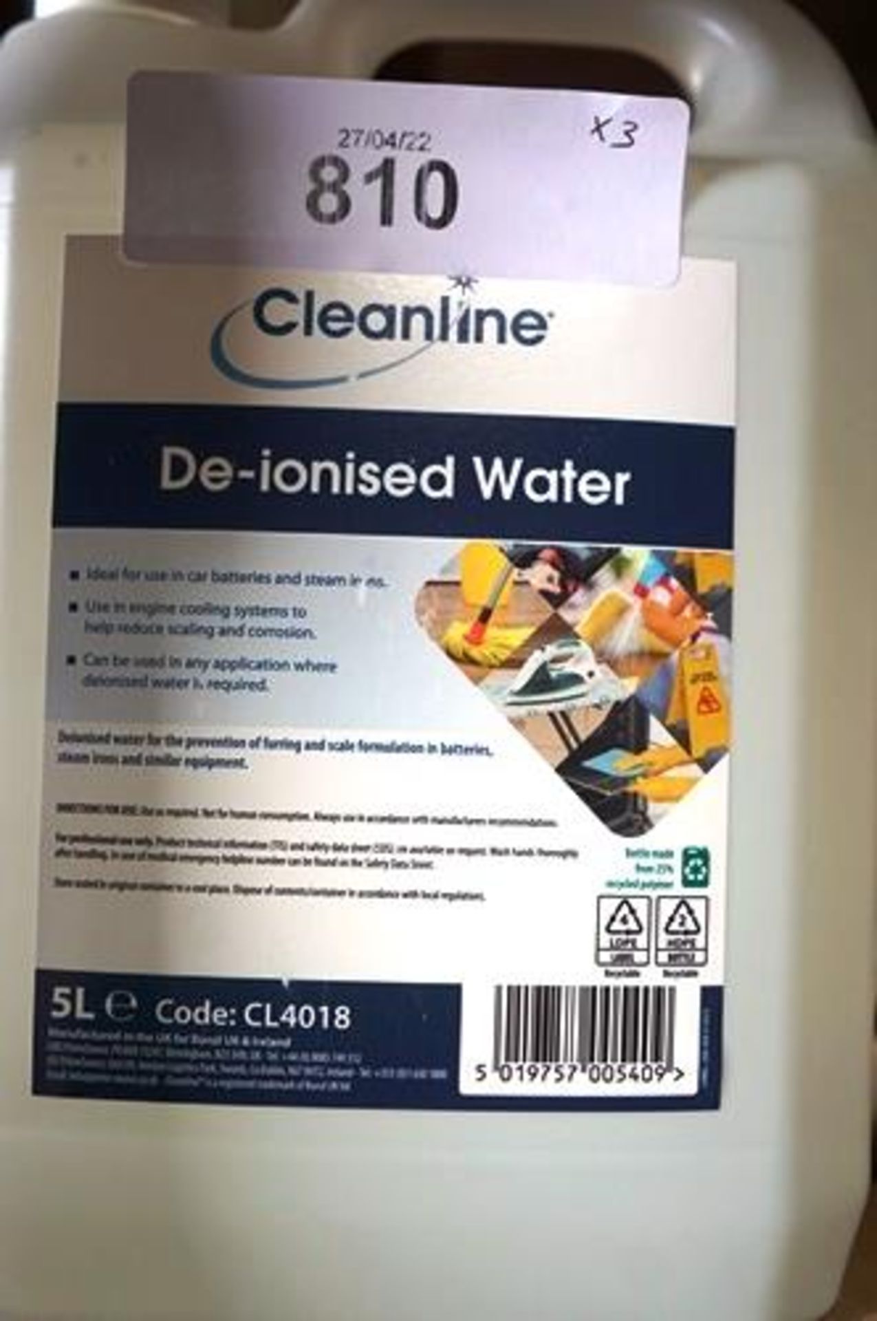 12 x 5 litre tubs of Cleanline de-ionised water, code CL4018 - New (top shed rack) - Image 2 of 3