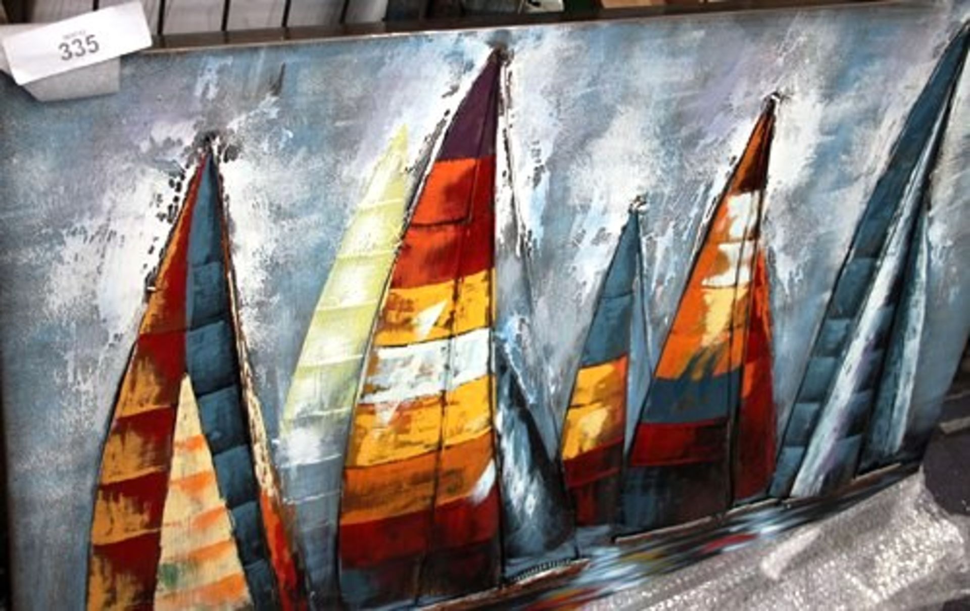 1 x metallic collage of yachts, 120cm x 80cm, 1 x framed textured seascape, 102cm x 102cm, 1 x print