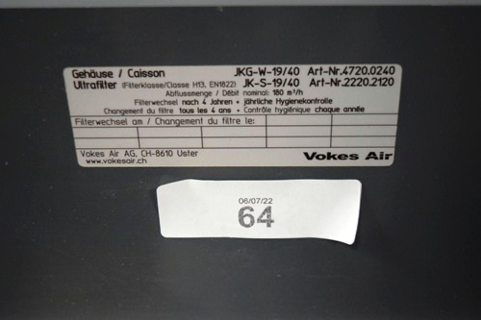 1 x Vokes Air ultra-filter unit, model JKG-W 19/40 - Grade B (BRSW) - Image 2 of 2