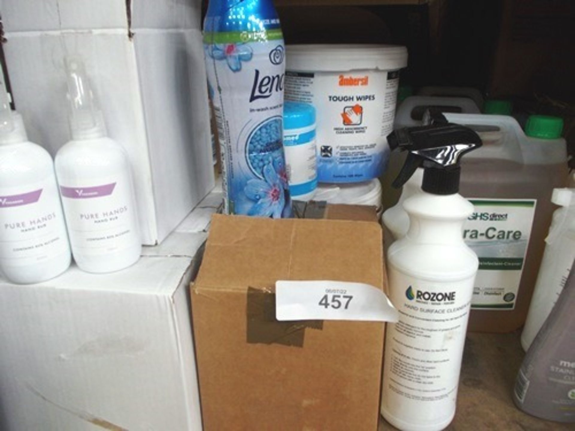 A selection of cleaning products including hard surface cleaner, bacterial liquid soap, non-bio