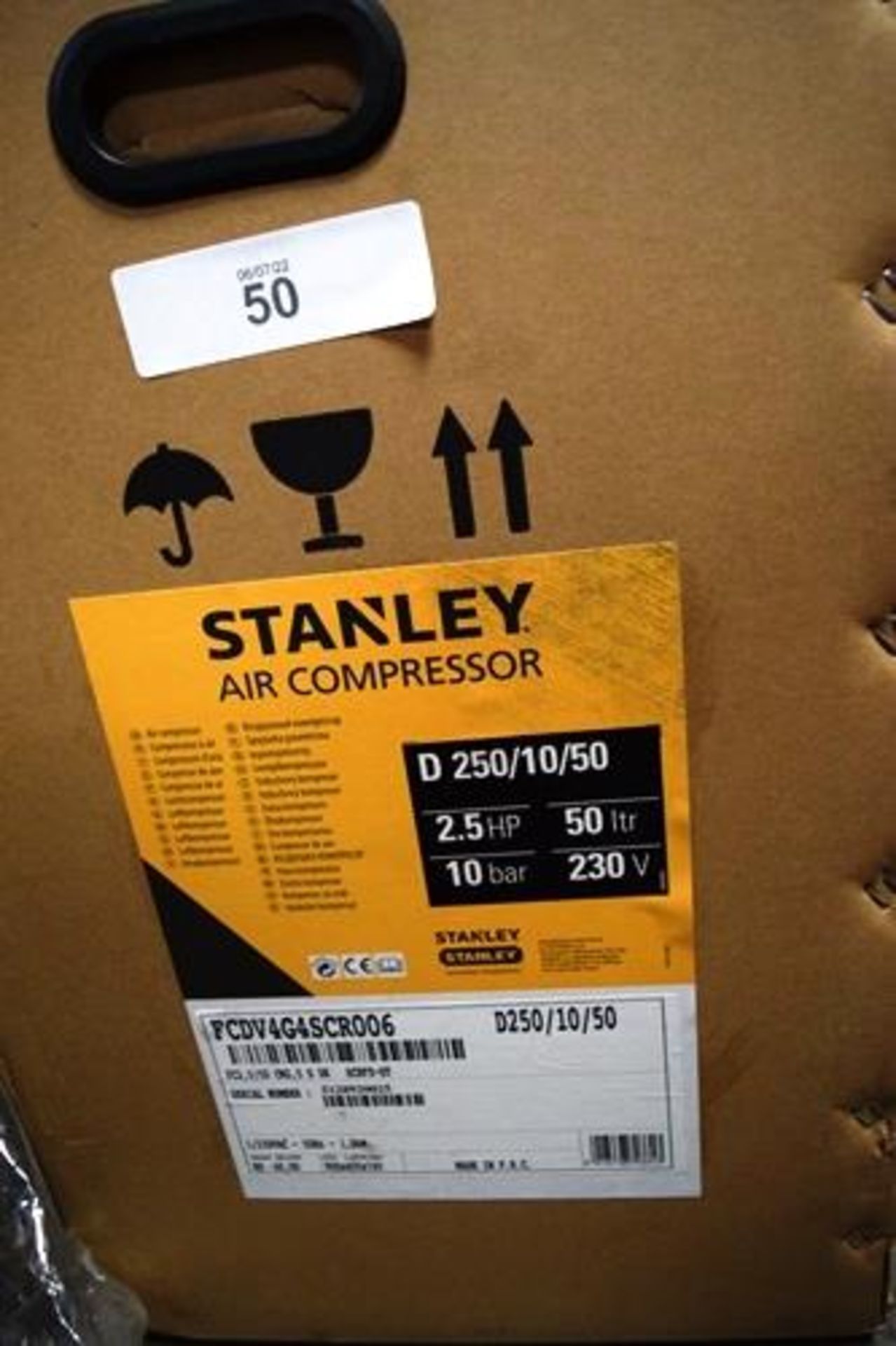 1 x Stanley D250/10/50 air compressor, 1.5kw, 50hz, 230V, 50ltr capacity, 2.5hp 10 bar - Sealed