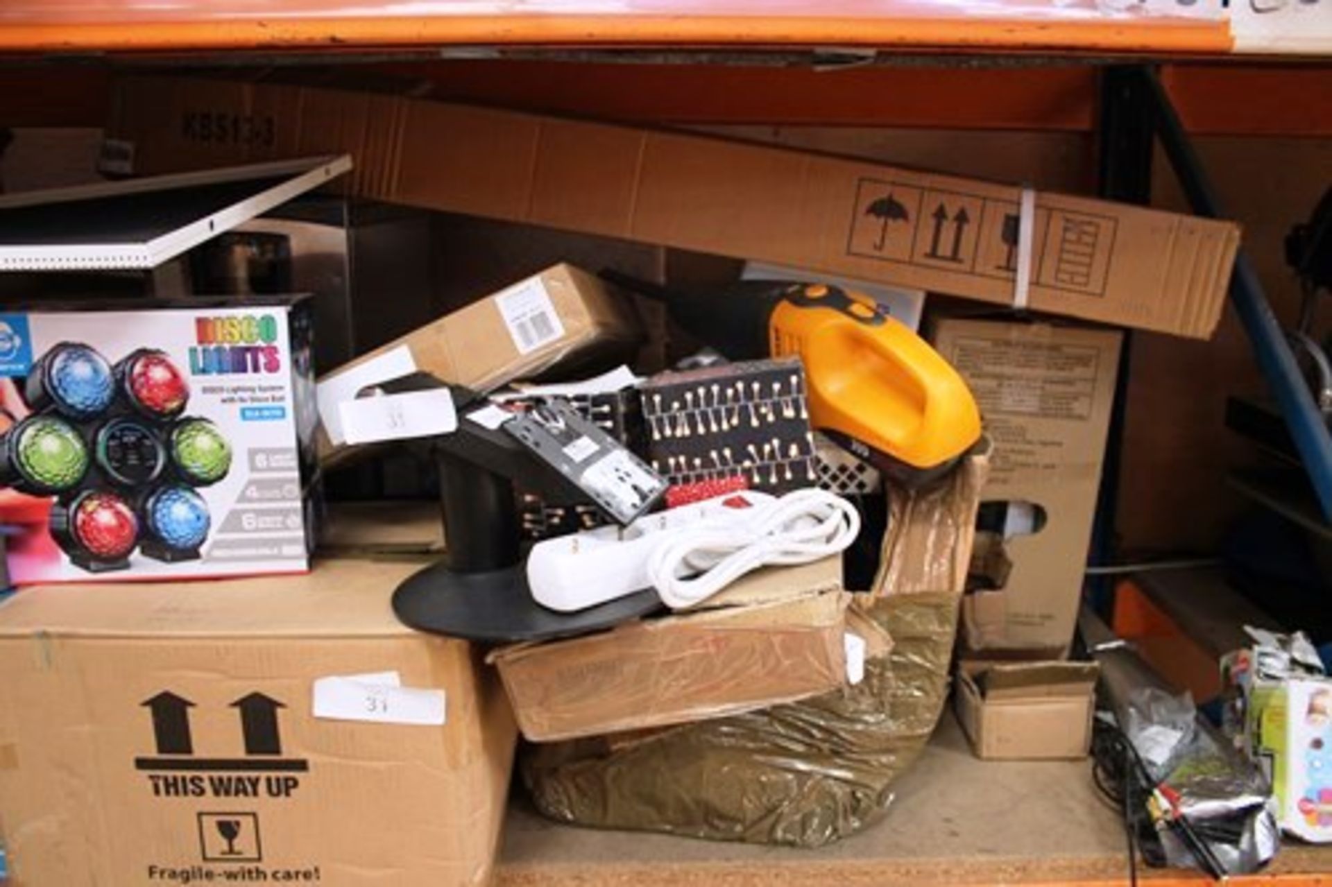 Approximately a half shelf of electrical products including 1 x Benq home entertainment projector, 1