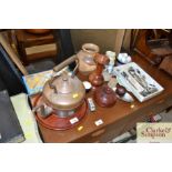 An antique copper kettle; various wooden items; pl