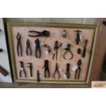 A display board of various pliers, caliper gauges, hole punch, key cutting gauge, etc.