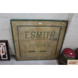 A large approx. 36" x 36" Victorian wooden painted "Butchers Shop Trade" advertising sign for E.