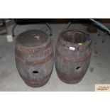 Two oak coopered and metal banded barrels AF