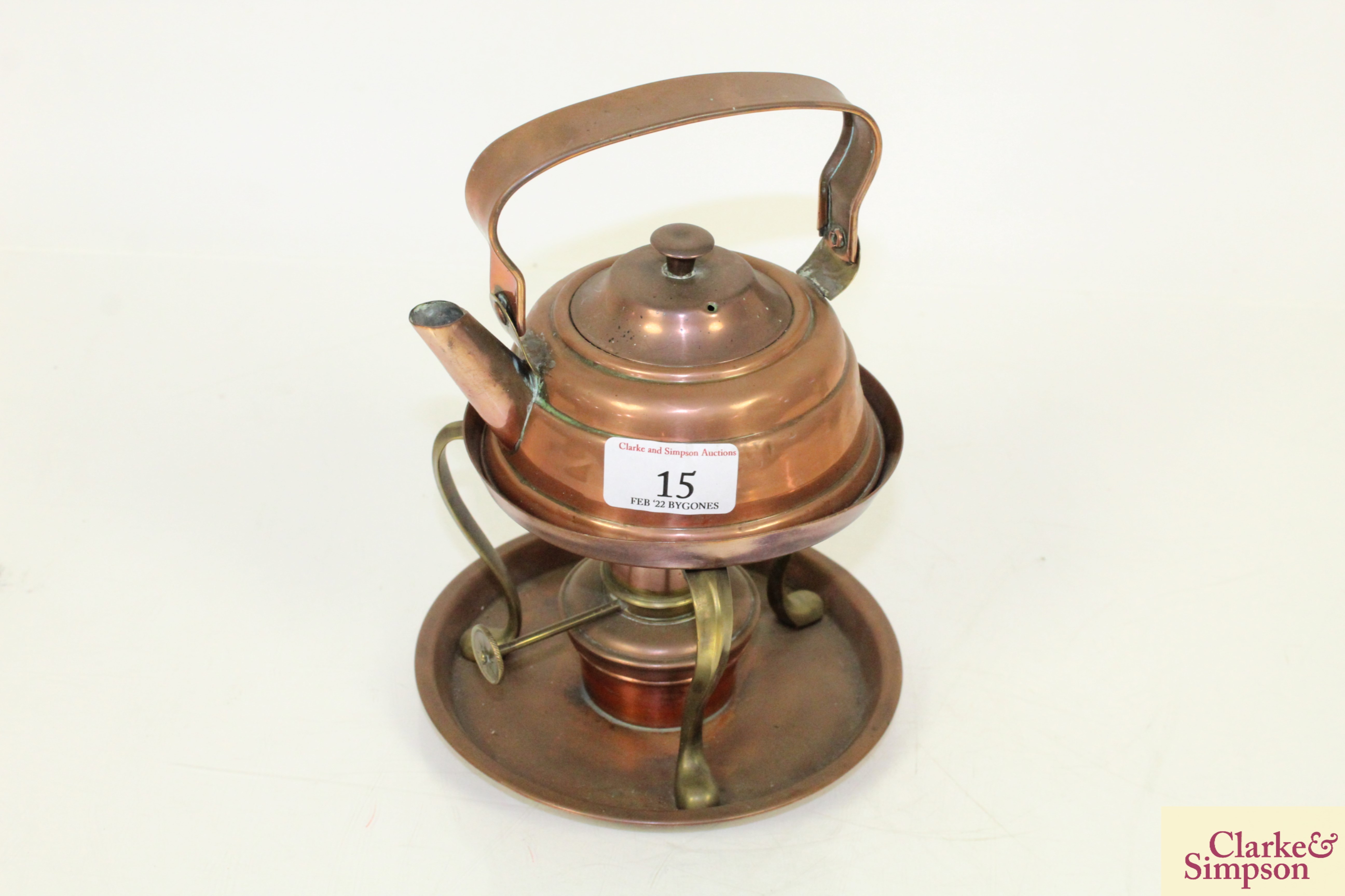 Three various copper and brass kettles on spirit he - Image 12 of 28