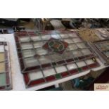 Three antique leaded coloured glass window pan