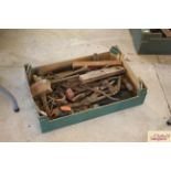 A tray box of miscellaneous contents to include various hand tools, wooden mallet, brace drill etc.