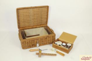 A wicker basket and contents of various marquetry
