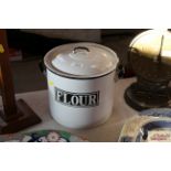 An enamel flour bin