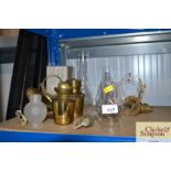 Two brass gimballed oil lamps and a collection of