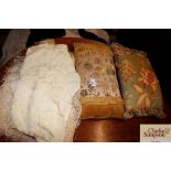 A silk fringed floral decorated table throw; and a