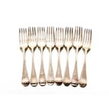 A part matched suite of George III and later silver Fiddle pattern flatware, comprising eight