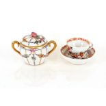 A Meissen Imari pattern cup and saucer, and a continental porcelain covered bowl (lid AF)