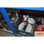 Two boxes containing enamel cups and bowls, large