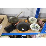 A Le Creuset frying pan, two others and a quantity of WWF collectors plates etc.
