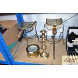 A brass ships type barometer, brass candlestick an