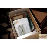 A box of miscellaneous prints, frames, unframed wa