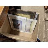 A box of miscellaneous pictures, pair of pottery t
