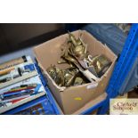 A large box of brassware including small brass jug