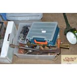 Box of tools including an Orbital sander, sprayer, stair rods etc.