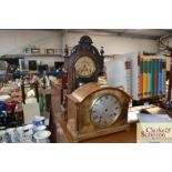 A walnut cased three hole mantel clock; and a two