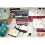 Three vintage radios and two radio alarm clocks, s