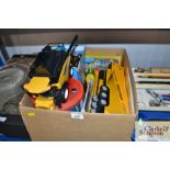 A box of children's toys including a combine, road