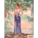 Jacques Etienne Cancaret 1876-1941, study of an elegantly dressed lady stood under a tree, signed