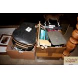Two boxes containing set of scales, violin case, l