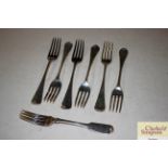 Six "Old English" pattern silver forks and a "Fidd