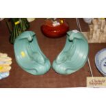 A pair of Langley ware green fish book ends