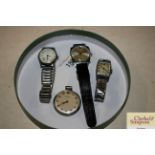 Three various wrist watches and a pocket watch