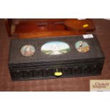 A carved hardwood Indian box, the lid inset with t