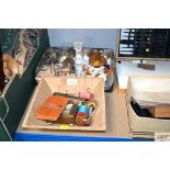 A tray and wooden bowl of various collectable item