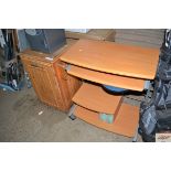 A pine kitchen waste bin unit; and a modern comput