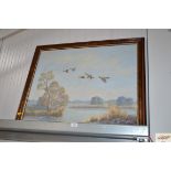 B Brown, oil on canvas depicting ducks in flight