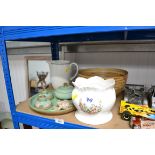 A fruit bowl together with an Aynsley jardinière, pottery table items, soapstone frog etc.