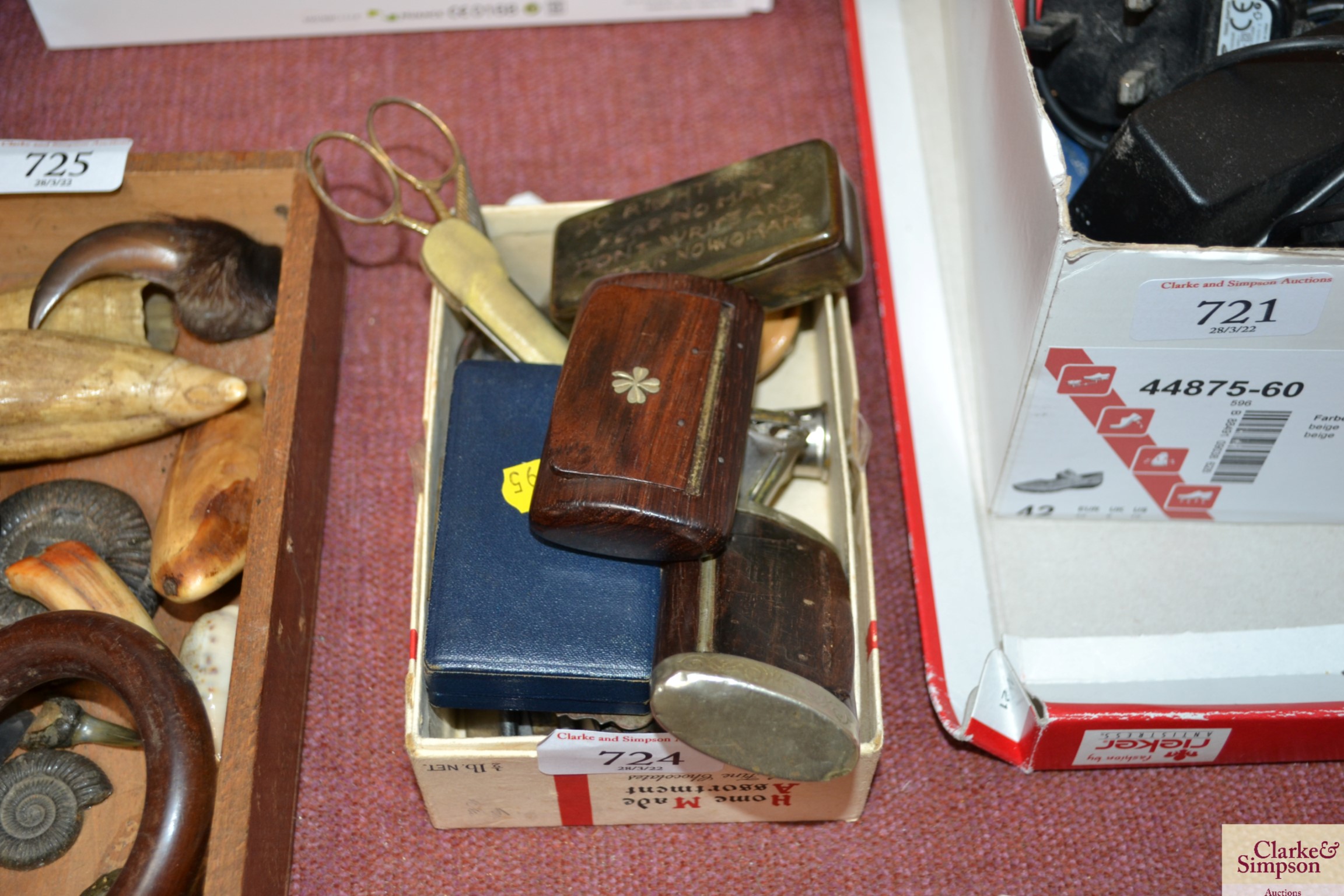A box containing snuff boxes; compass; small set o