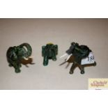 Three green hardstone jade type elephants