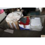 Three boxes of various linen and materials