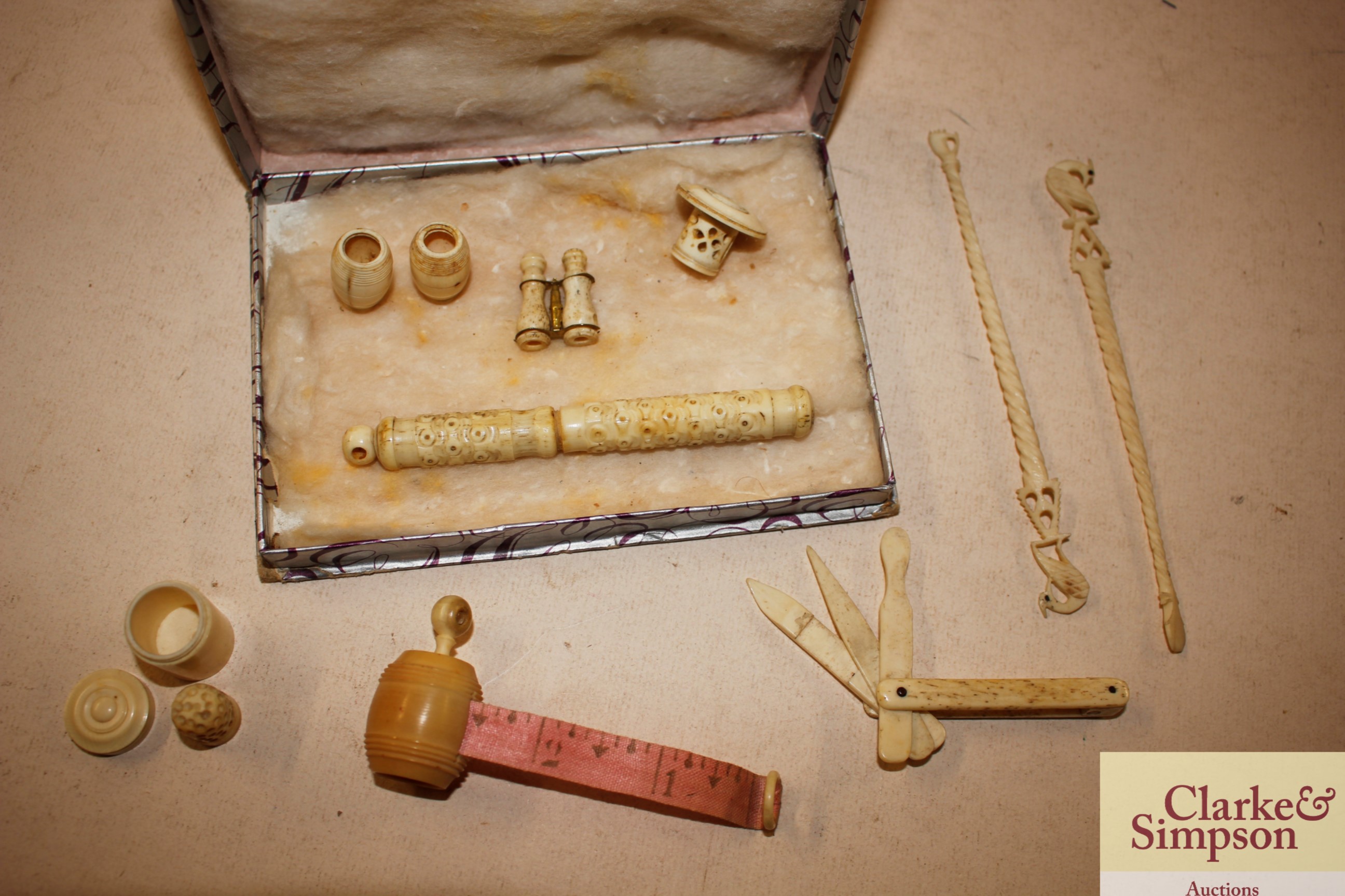 A collection of ivory and bone sewing items etc.