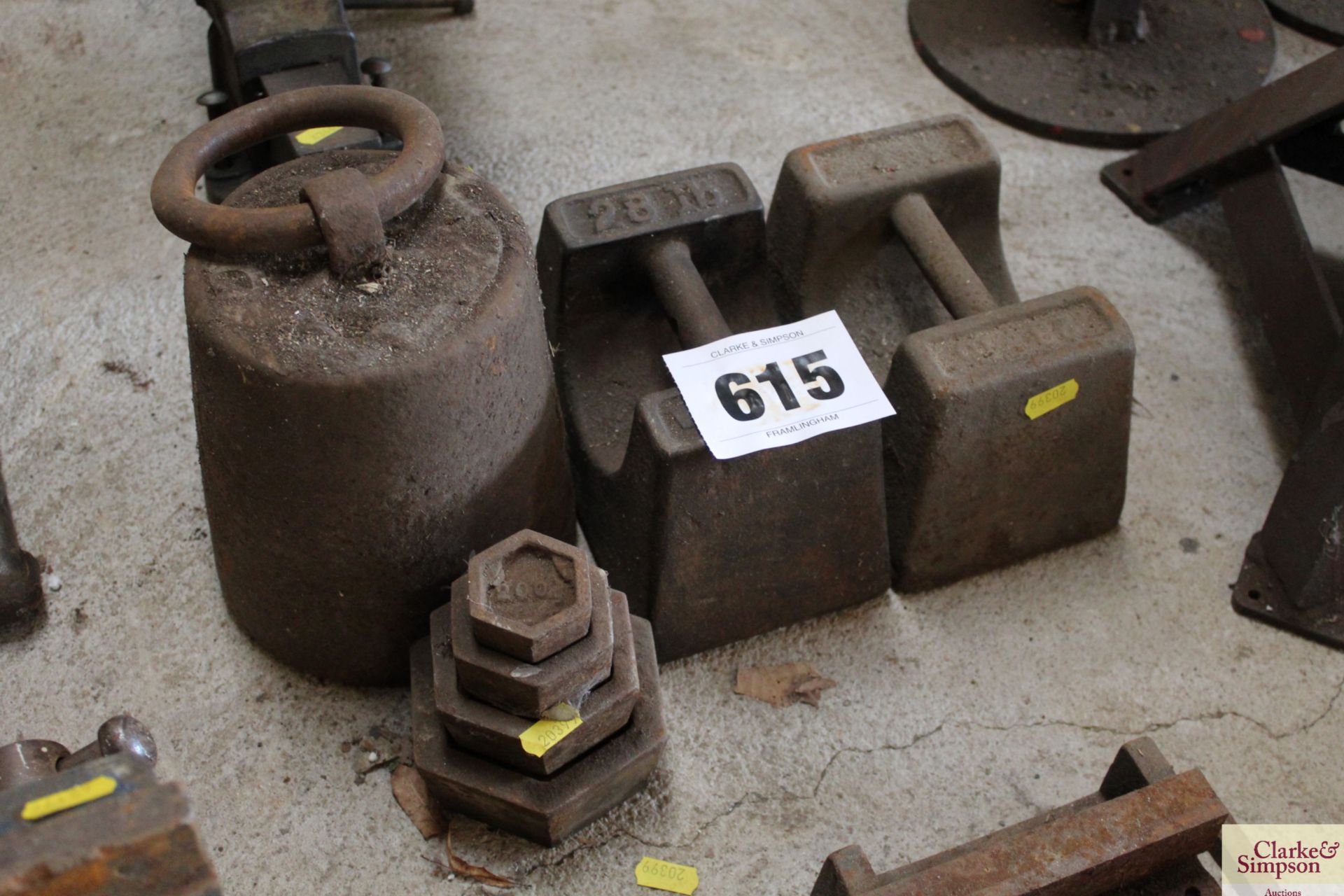 Various cast iron weights.