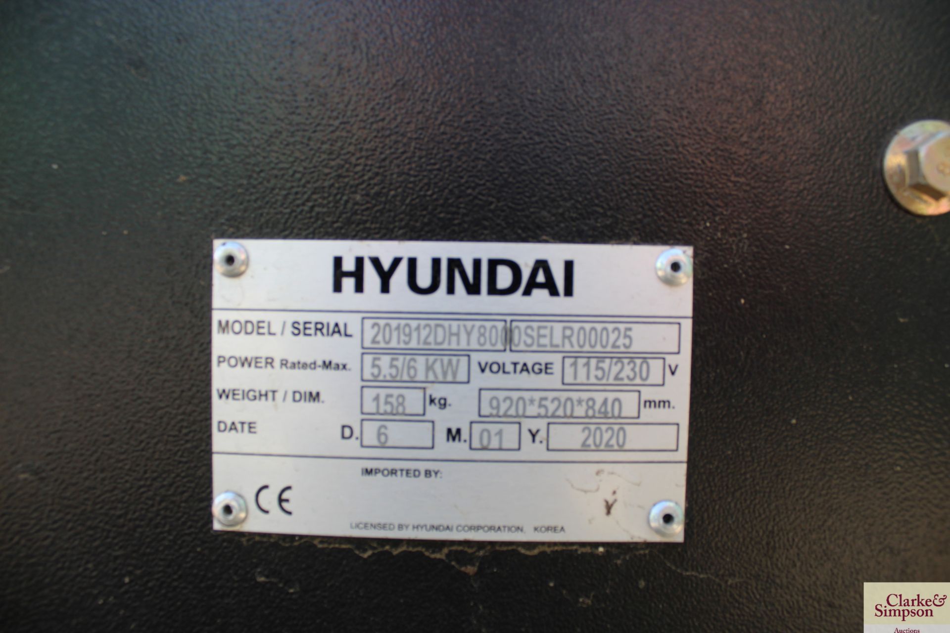 Hyundai diesel 6KVA generator. V - Image 7 of 7
