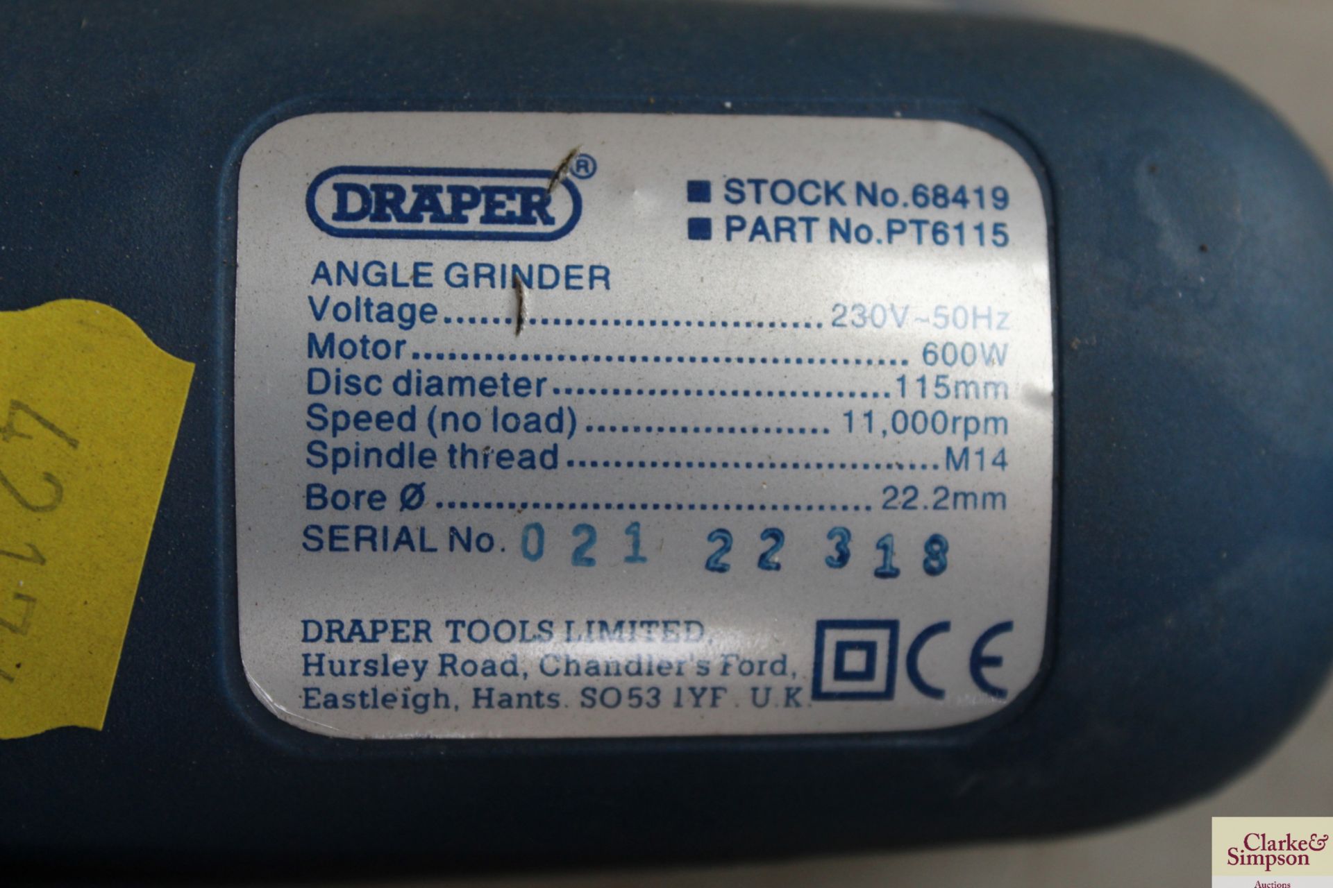 Draper 115mm 240v angle grinder. - Image 2 of 2