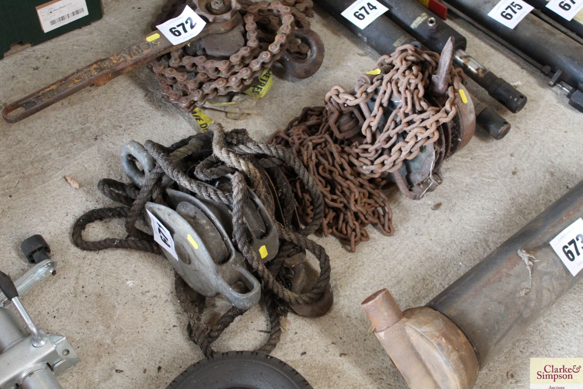 Rope block and tackle and chain block and tackle.