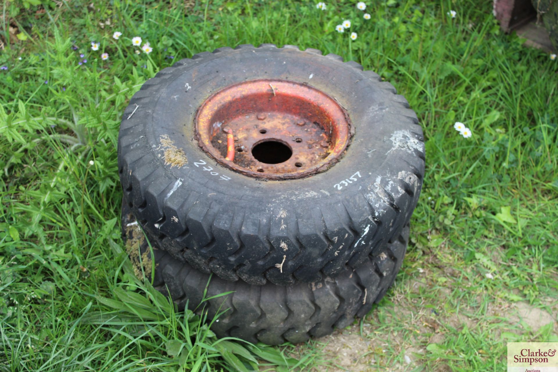 Pair of 6.90/6.00-9 trailer wheels and tyres.