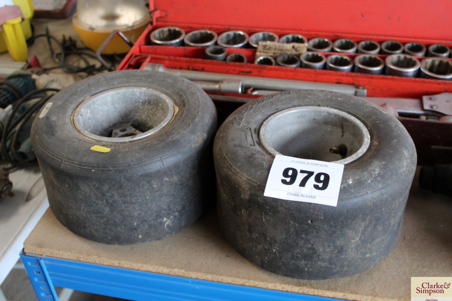 Pair of 11x5.00-5 go-cart wheels and tyres.